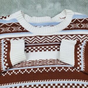 Hollister Fair Isle Sweater Mens Sz M Cotton Knit Geometric Pullover Brown White